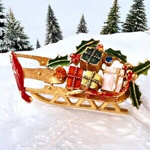 Weiss Christmas Sled Brooch Pin Rhinestones Enamel Gifts GoldTone Vintage Signed